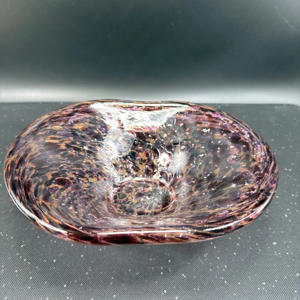 Julia Knight Hand Blown Italy Art Glass Bowl Dish Purple Amber‎ Silver Confetti